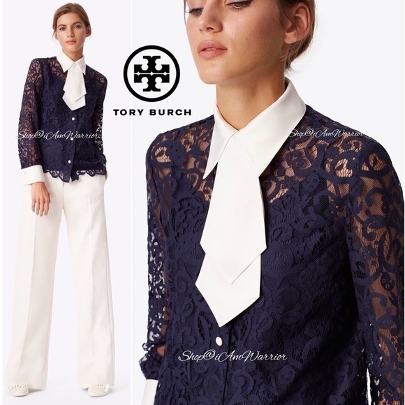 Tory Burch NWT navy lace blouse w/ ivory cuffs & collar with removable neck tie - Picture 4 of 16